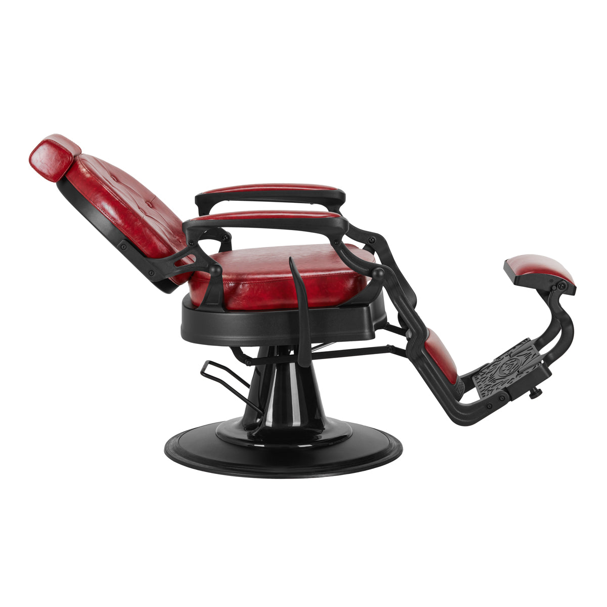 Gabbiano Barber Chair President Red - reclined side view with the footrest extended