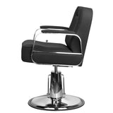 Gabbiano Barber Chair Stern Black - close-up of the upholstery, frame and footrest details