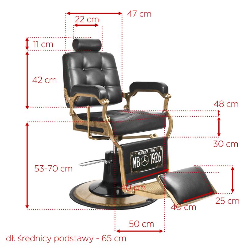 Gabbiano Black Boss Barber Chair - dimensions and measurements shown