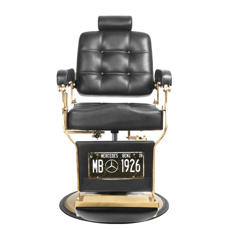 Gabbiano Black Boss Barber Chair - reclined side view with the footrest extended