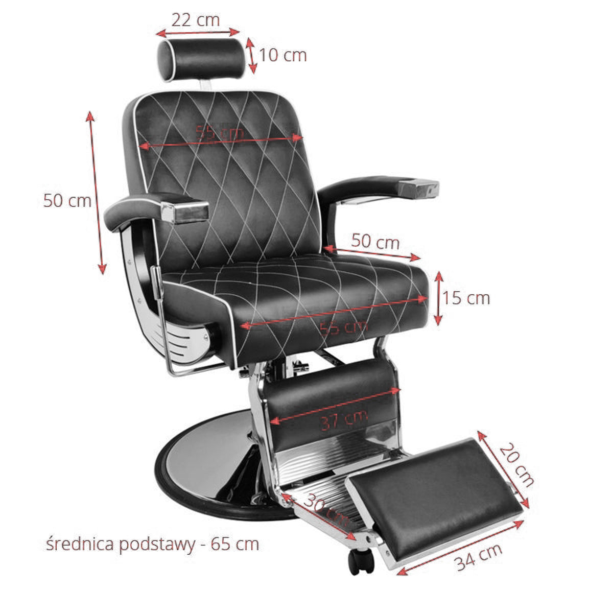 Gabbiano Black Imperial Barber Chair - dimensions and measurements shown