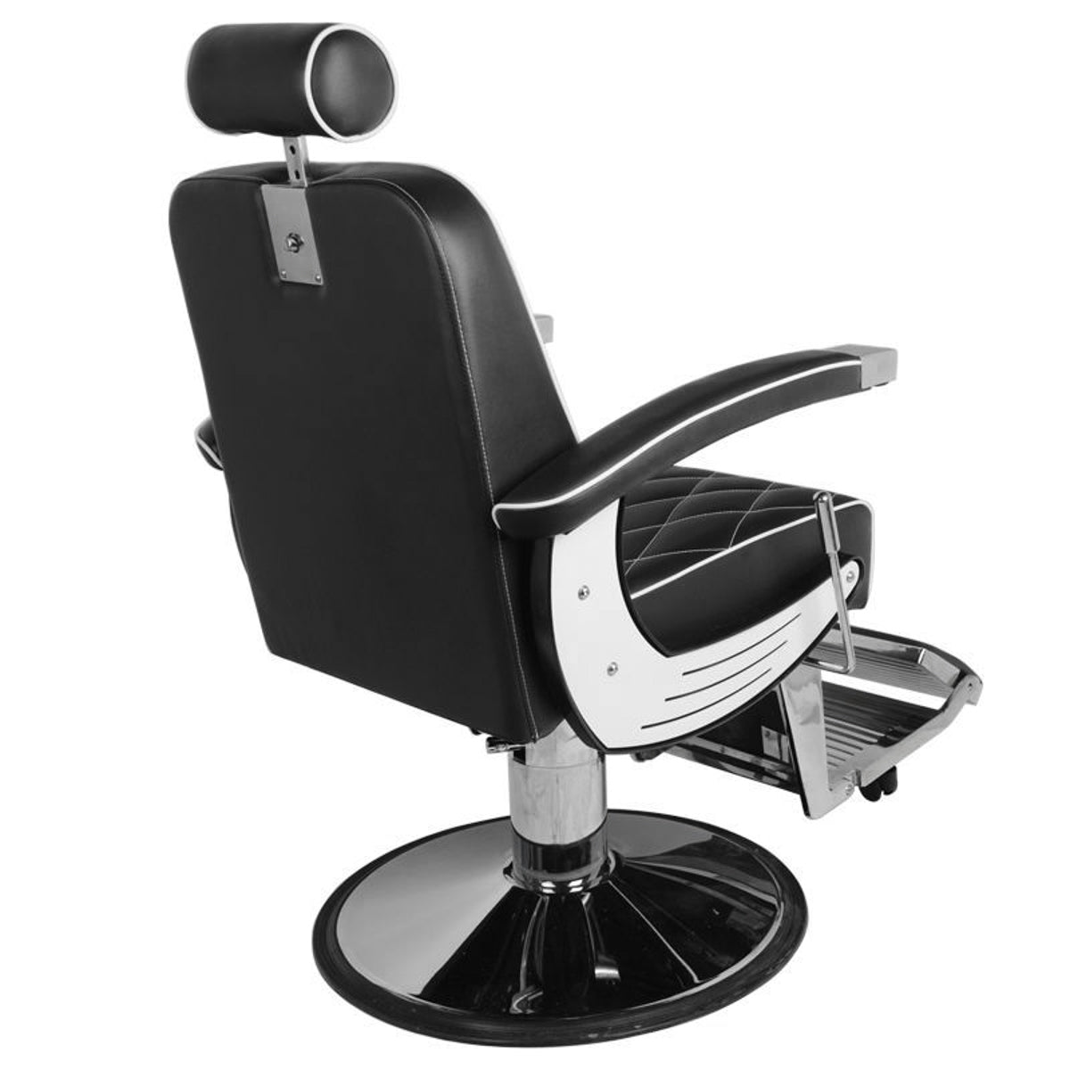 Gabbiano Black Imperial Barber Chair - close-up of the upholstery, frame and footrest details