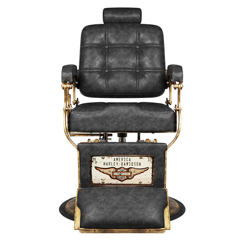 Gabbiano Boss HD Old Leather Barber Chair Black - close-up of the upholstery, frame and footrest details