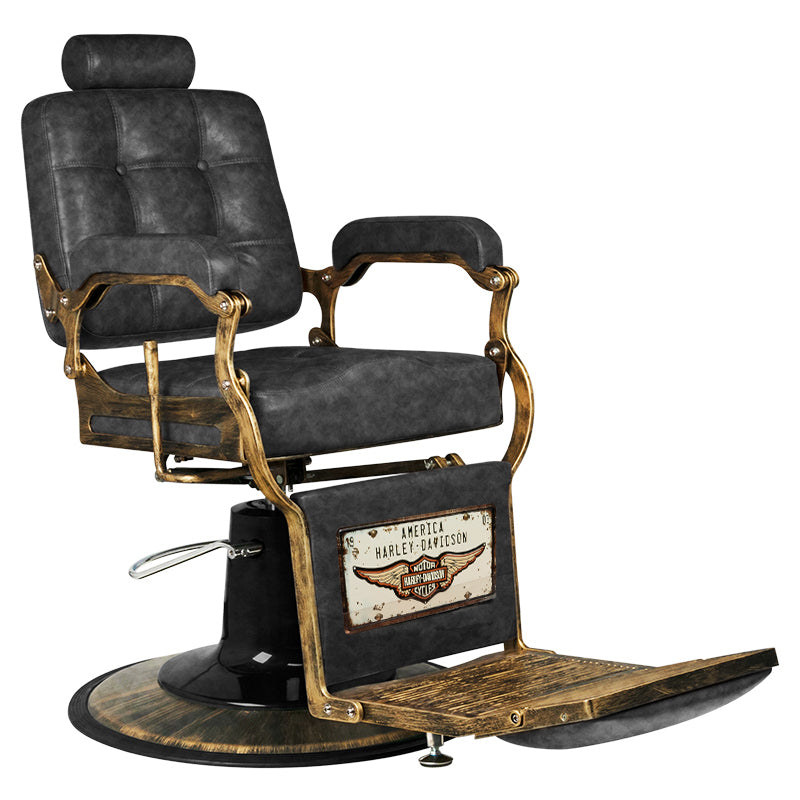 Gabbiano Boss HD Old Leather Barber Chair Black - close-up of the upholstery, frame and footrest details