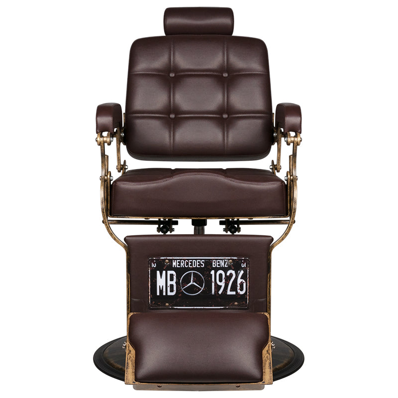 Gabbiano Brown Boss Barber Chair - reclined side view with the footrest extended