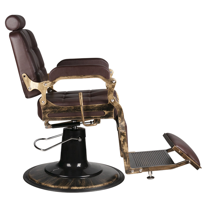 Gabbiano Brown Boss Barber Chair - close-up of the upholstery, frame and footrest details