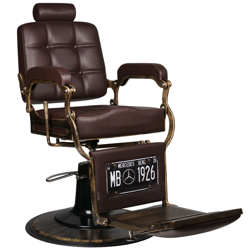 Gabbiano Brown Boss Barber Chair - close-up of the upholstery, frame and footrest details