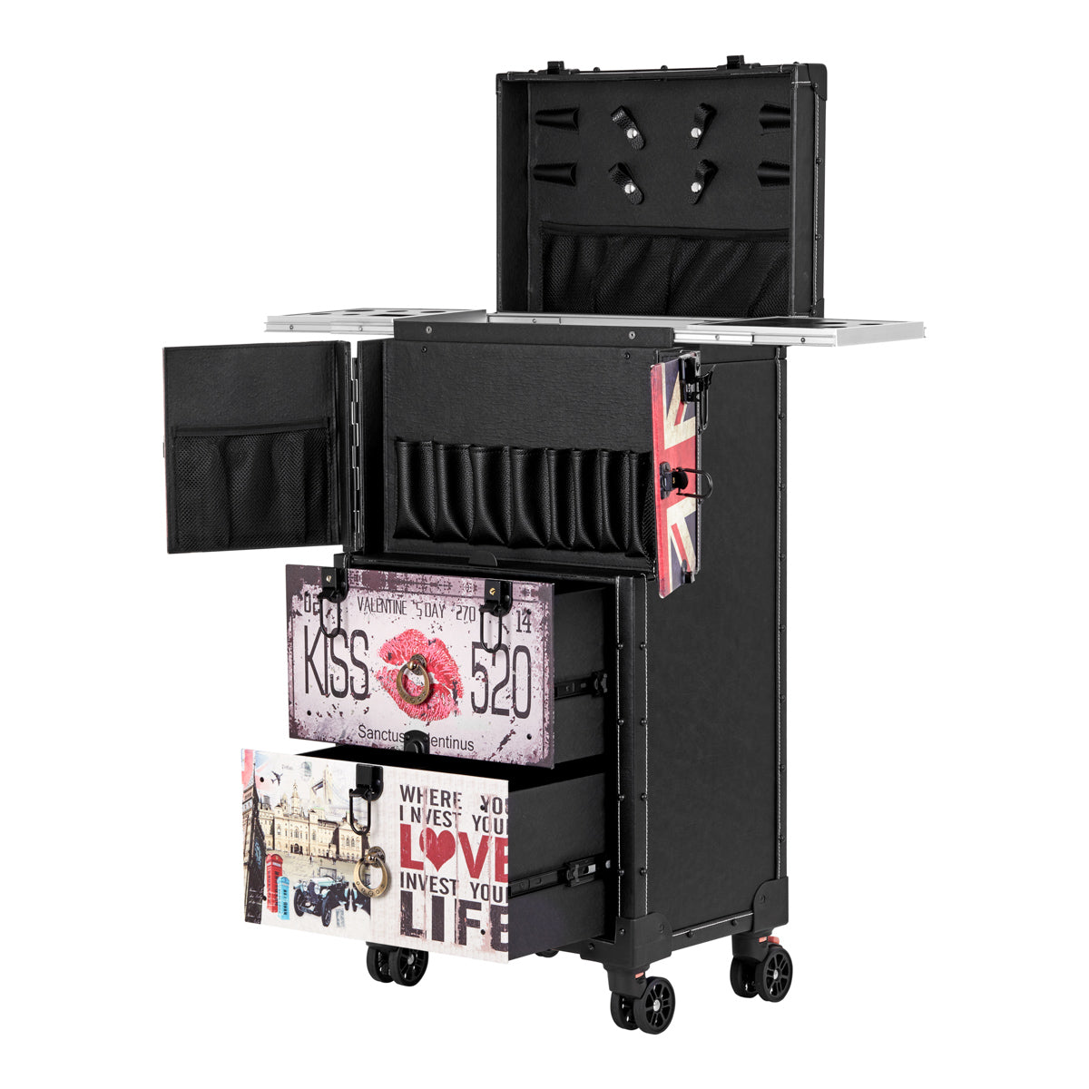 Gabbiano C12 Hairdressing Trolley Black - front view showing the storage and construction details