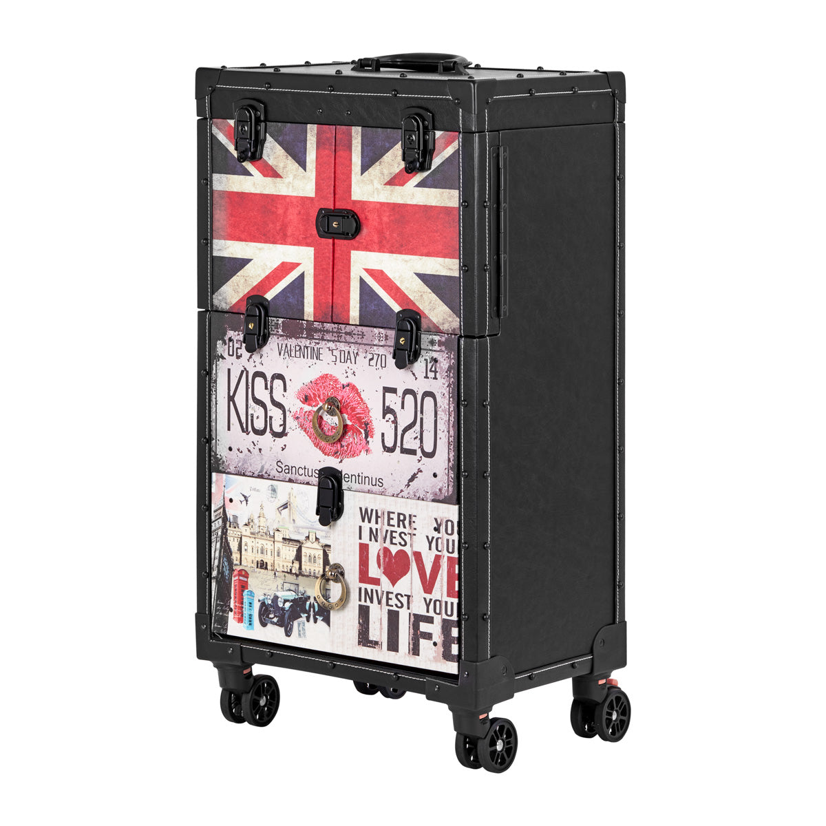 Gabbiano C12 Hairdressing Trolley Black - front view showing the storage and construction details