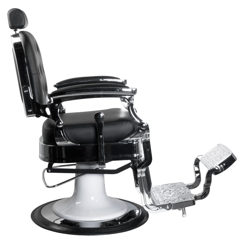 Gabbiano Ernesto Barber Chair Black - close-up of the upholstery, frame and footrest details