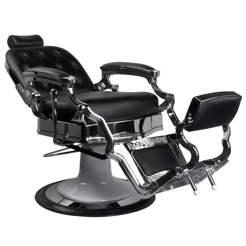 Gabbiano Ernesto Barber Chair Black - close-up of the upholstery, frame and footrest details