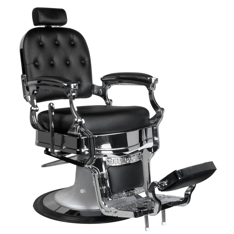 Gabbiano Ernesto Barber Chair Black - close-up of the upholstery, frame and footrest details
