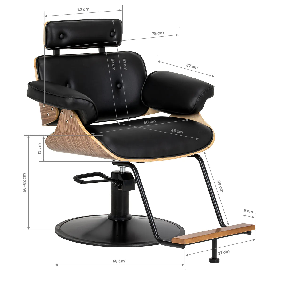 Gabbiano Florencja Hair Salon Styling Chair Black & Walnut With a Black Base - close-up of the upholstery, frame and footrest details