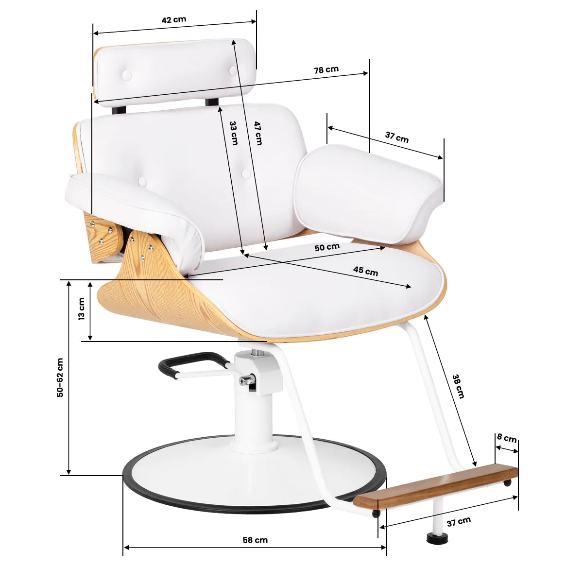Gabbiano Florencja Hair Salon Styling Chair White With White Base - dimensions and measurements shown