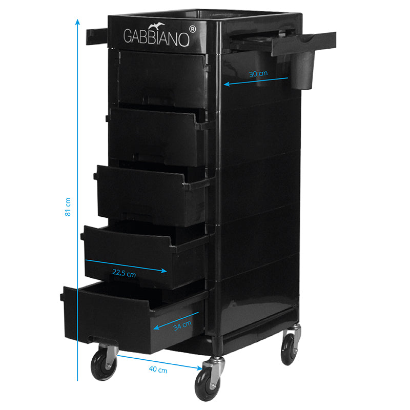 Gabbiano FT65-A Hairdressing Trolley Black - front view showing the storage and construction details