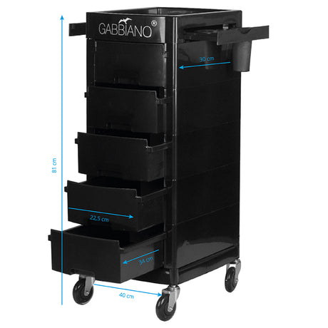 Gabbiano FT65-A Hairdressing Trolley Black - front view showing the storage and construction details