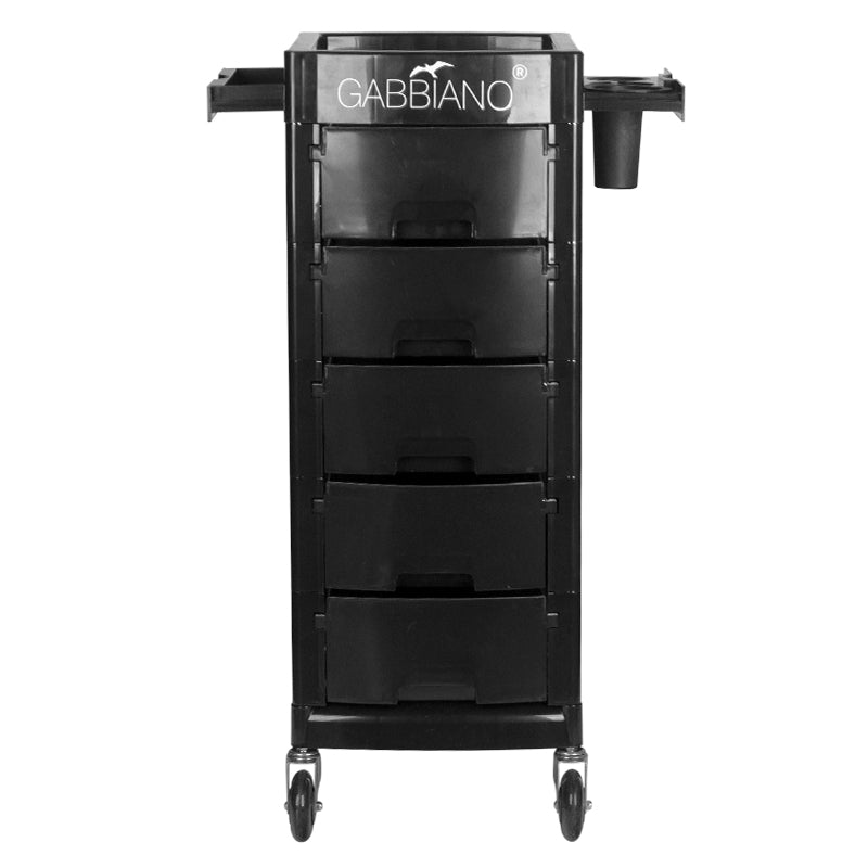 Gabbiano FT65-A Hairdressing Trolley Black - front view showing the storage and construction details