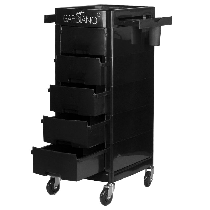 Gabbiano FT65-A Hairdressing Trolley Black - front view showing the storage and construction details