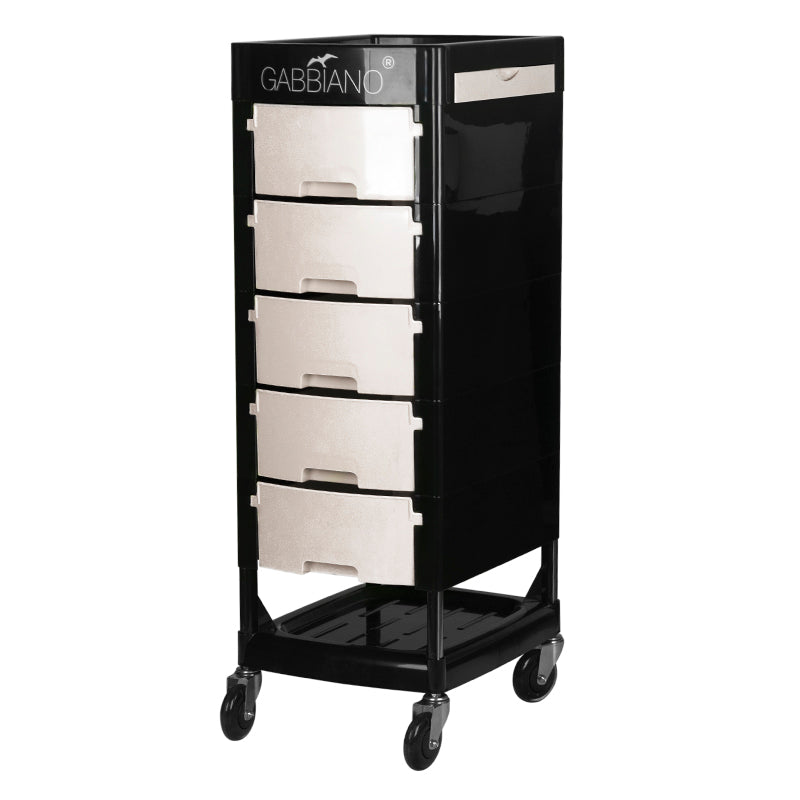Gabbiano FT65 Hairdressing Trolley Black & White - front view showing the storage and construction details