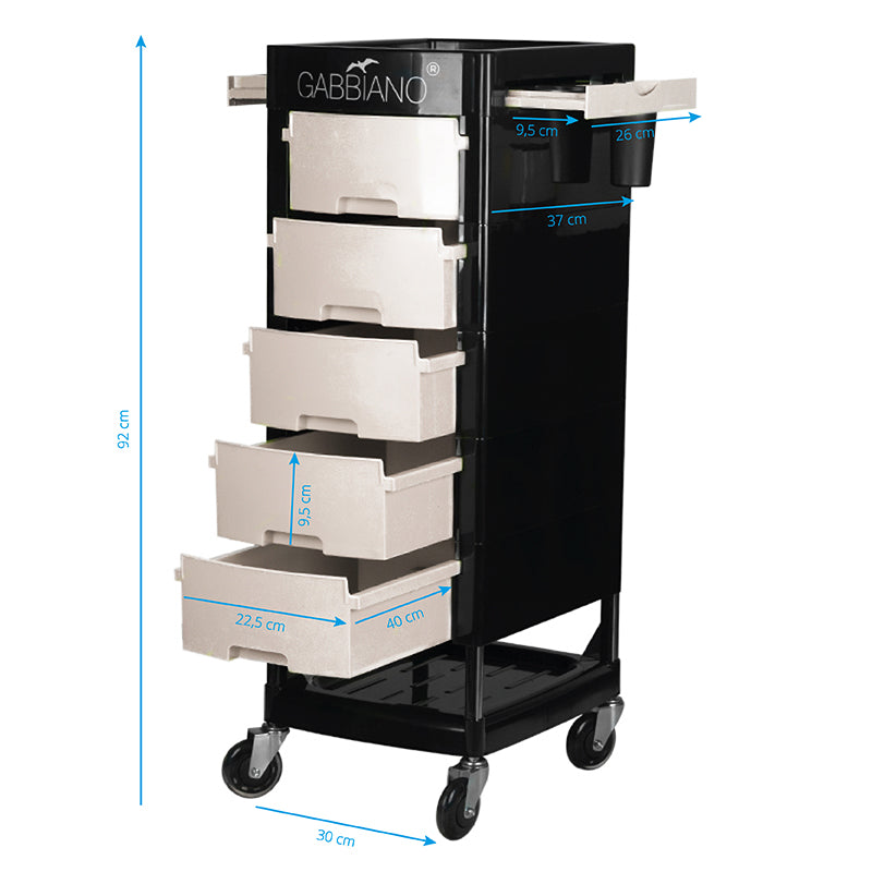 Gabbiano FT65 Hairdressing Trolley Black & White - front view showing the storage and construction details