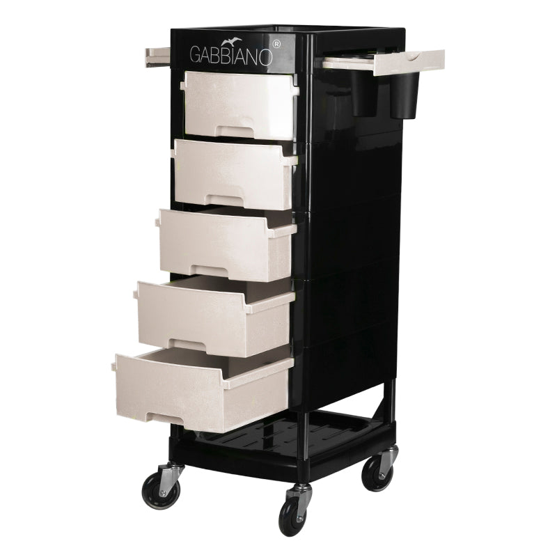 Gabbiano FT65 Hairdressing Trolley Black & White - front view showing the storage and construction details