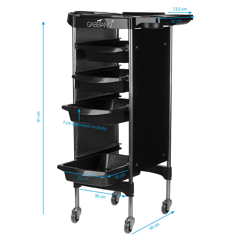 Gabbiano FX11-2 Hairdressing Trolley Black - front view showing the storage and construction details
