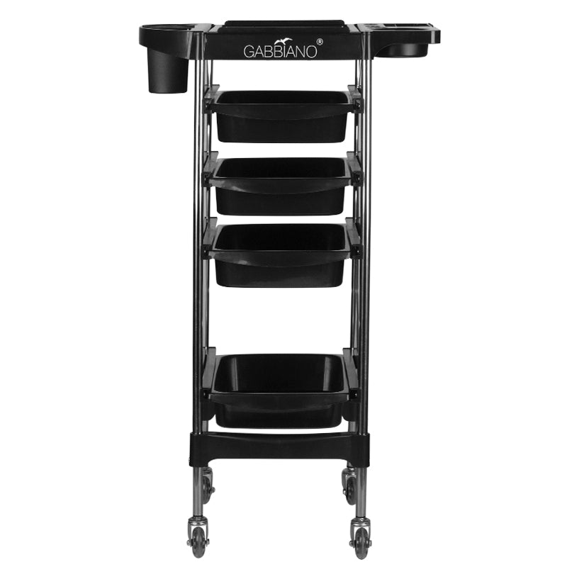 Gabbiano FX11-2 Hairdressing Trolley Black - front view showing the storage and construction details