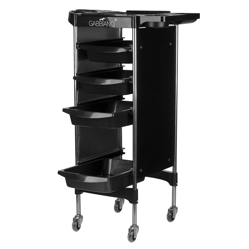 Gabbiano FX11-2 Hairdressing Trolley Black - front view showing the storage and construction details