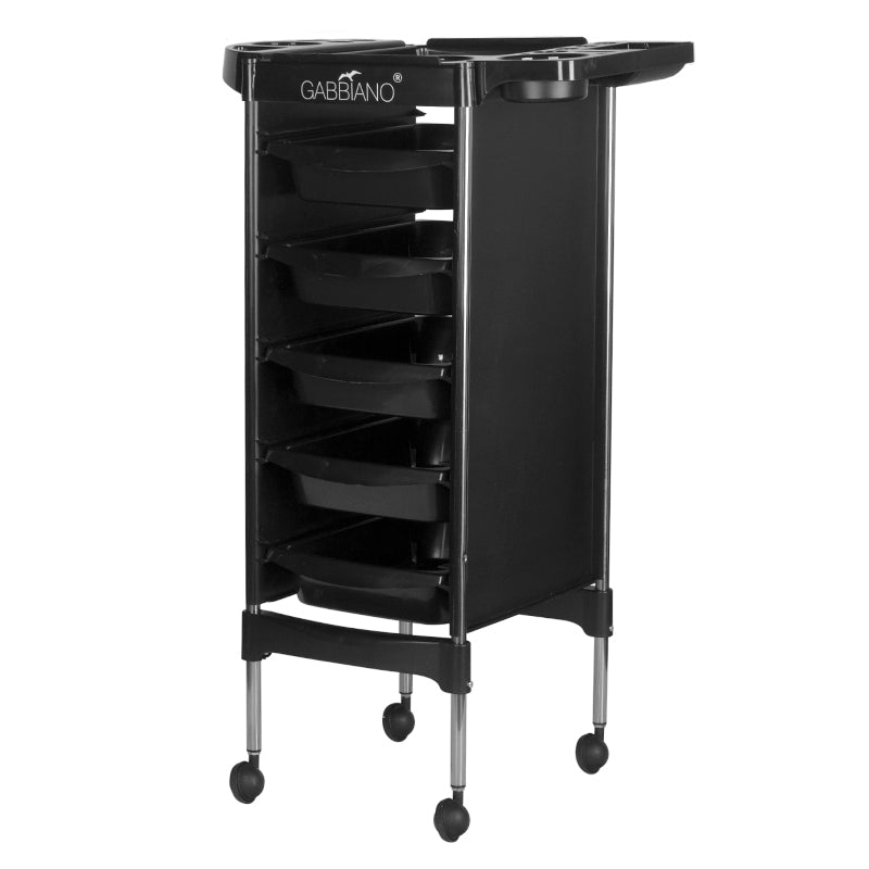 Gabbiano FX11-5 Hairdressing Trolley Black - front view showing the storage and construction details