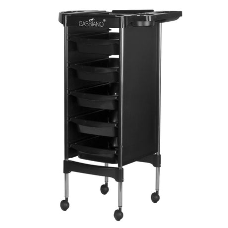 Gabbiano FX11-5 Hairdressing Trolley Black - front view showing the storage and construction details