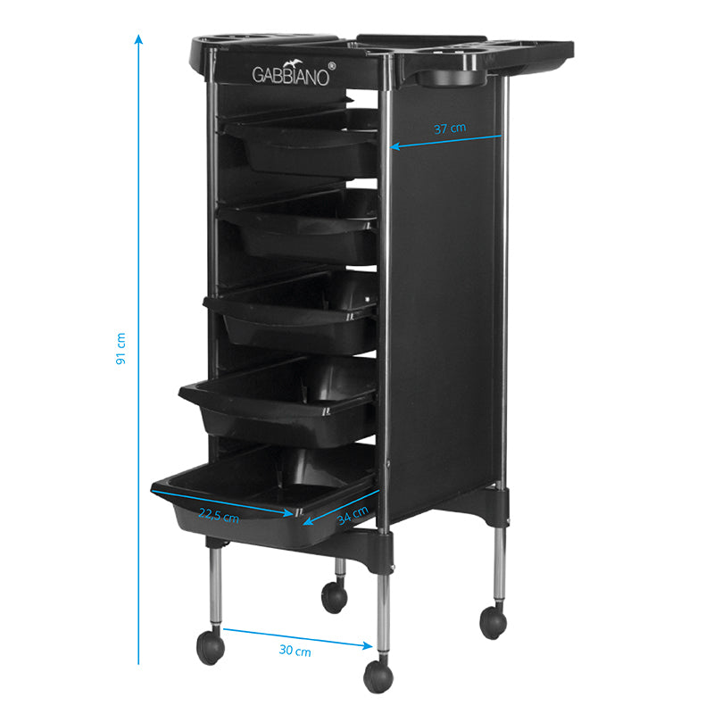 Gabbiano FX11-5 Hairdressing Trolley Black - front view showing the storage and construction details