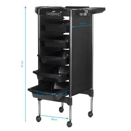 Gabbiano FX11-5 Hairdressing Trolley Black - front view showing the storage and construction details