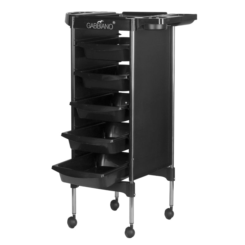 Gabbiano FX11-5 Hairdressing Trolley Black - front view showing the storage and construction details
