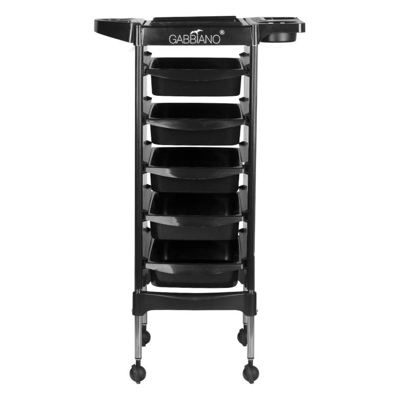 Gabbiano FX11-5 Hairdressing Trolley Black - front view showing the storage and construction details