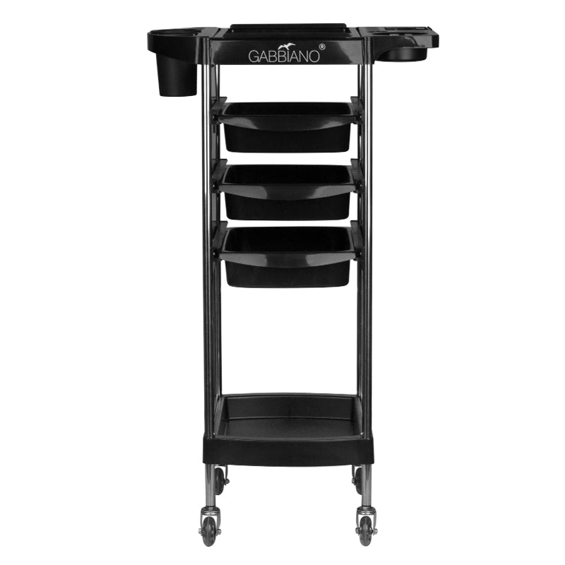 Gabbiano FX11-A Hairdressing Trolley Black - front view showing the storage and construction details
