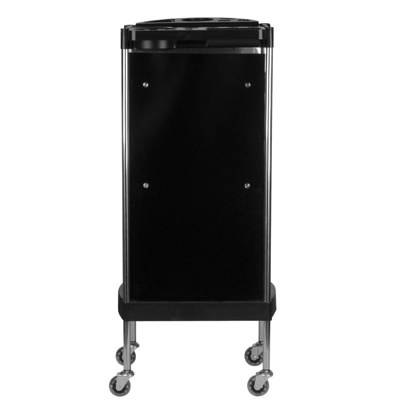 Gabbiano FX11-A Hairdressing Trolley Black - front view showing the storage and construction details