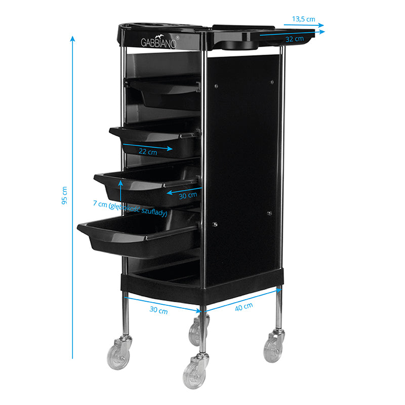 Gabbiano FX11-B Hairdressing Trolley Black - front view showing the storage and construction details