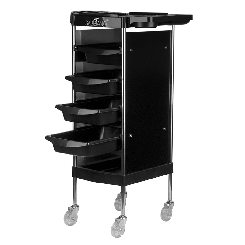 Gabbiano FX11-B Hairdressing Trolley Black - front view showing the storage and construction details