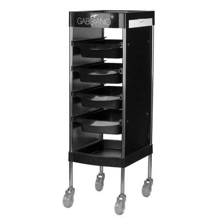 Gabbiano FX11F Hairdressing Trolley Black - front view showing the storage and construction details