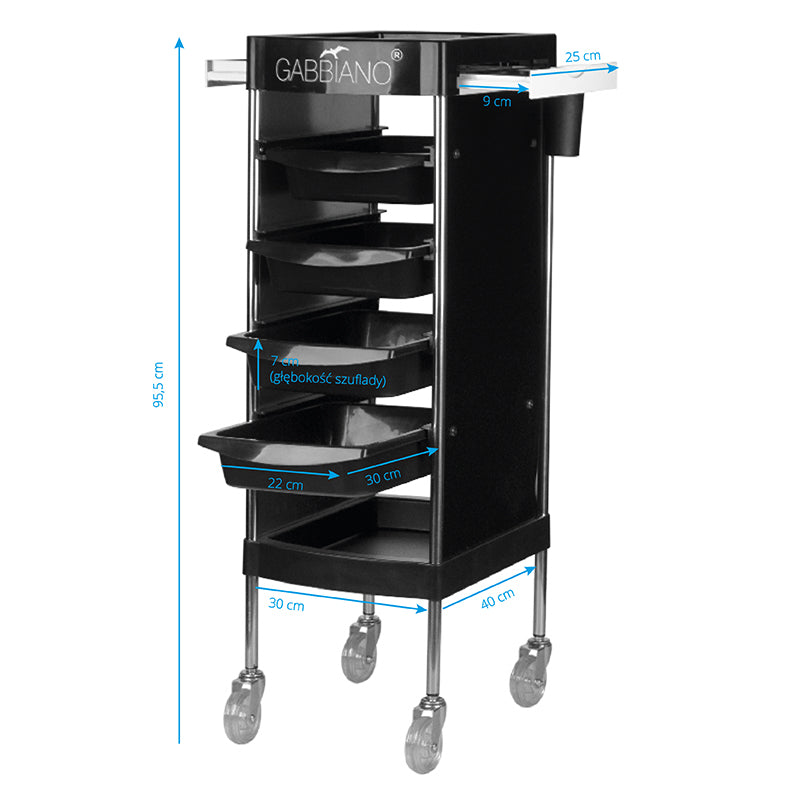 Gabbiano FX11F Hairdressing Trolley Black - front view showing the storage and construction details