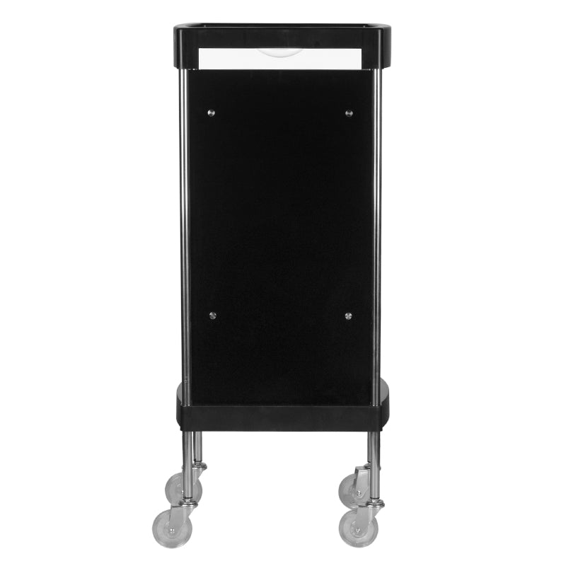 Gabbiano FX11F Hairdressing Trolley Black - front view showing the storage and construction details