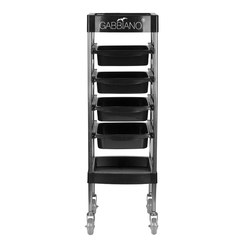 Gabbiano FX11F Hairdressing Trolley Black - front view showing the storage and construction details