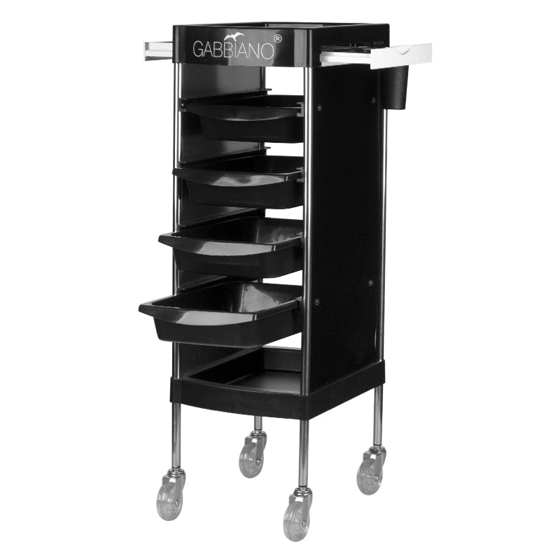 Gabbiano FX11F Hairdressing Trolley Black - front view showing the storage and construction details