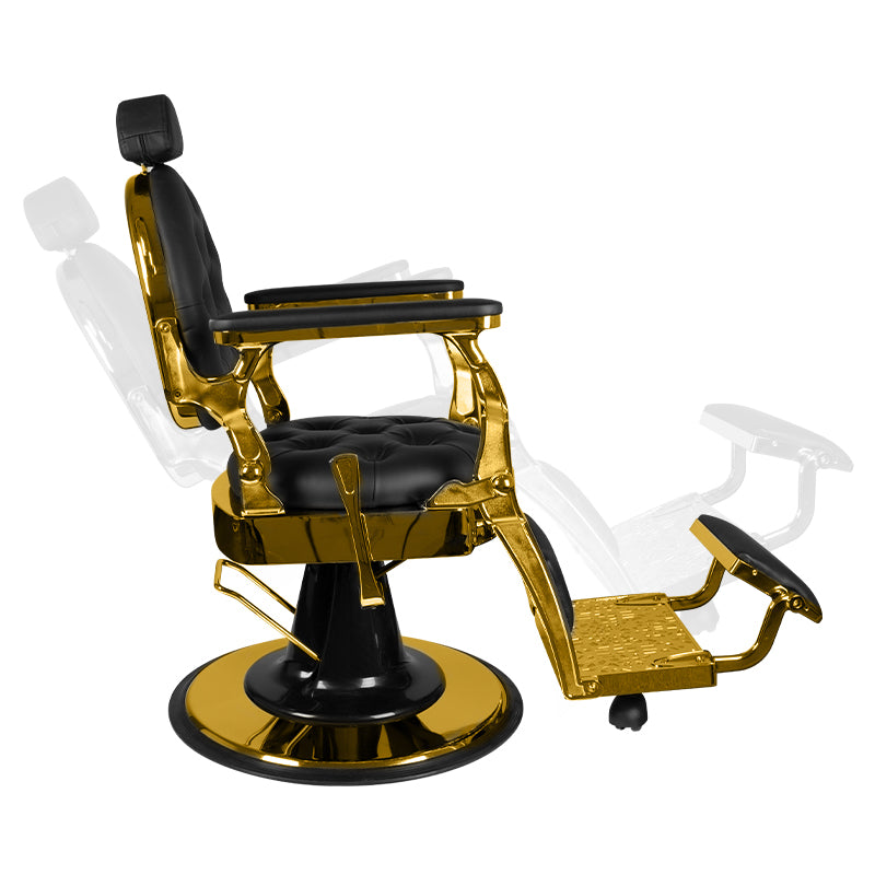 Gabbiano Giulio Barber Chair Gold & Black - reclined side view with the footrest extended