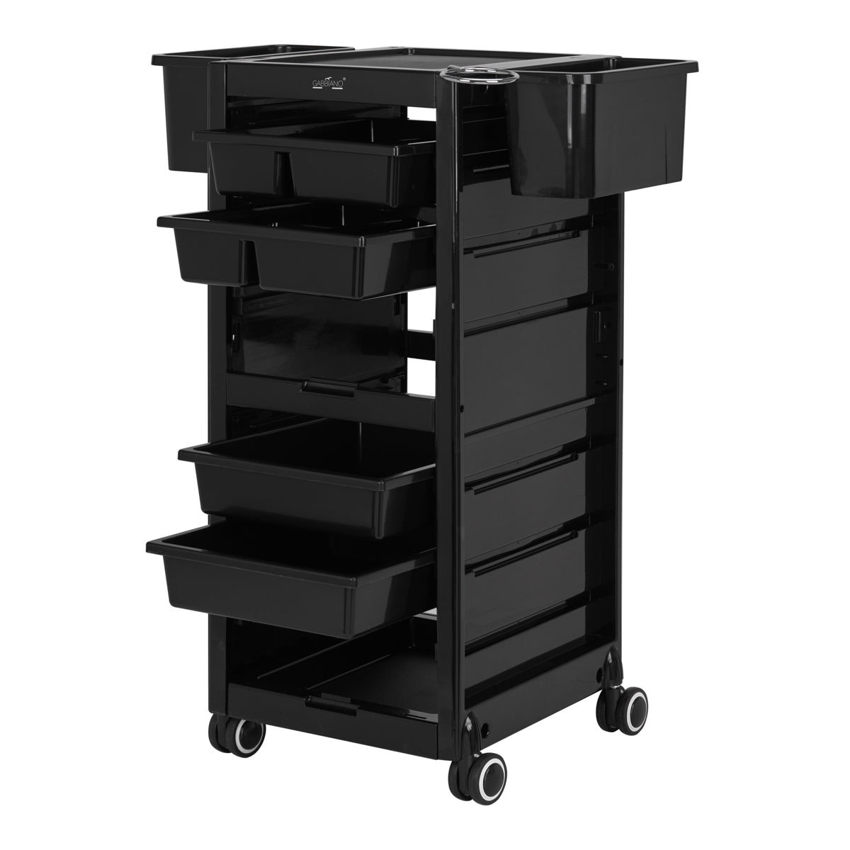 Gabbiano Hairdresser's Trolley 68A Black - front view showing the storage and construction details