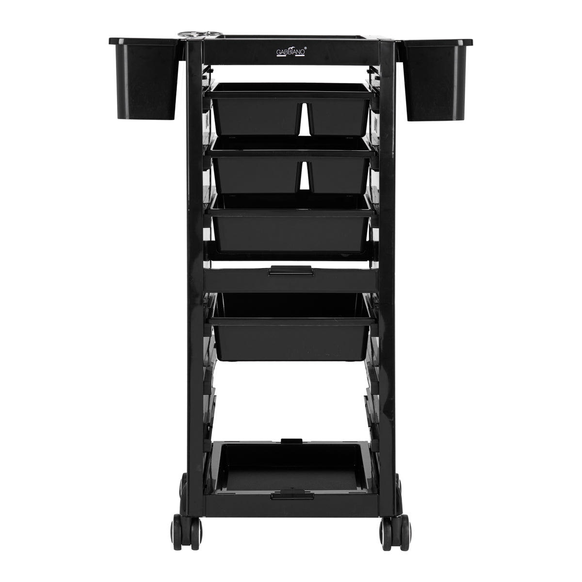 Gabbiano Hairdresser's Trolley 68A Black - front view showing the storage and construction details