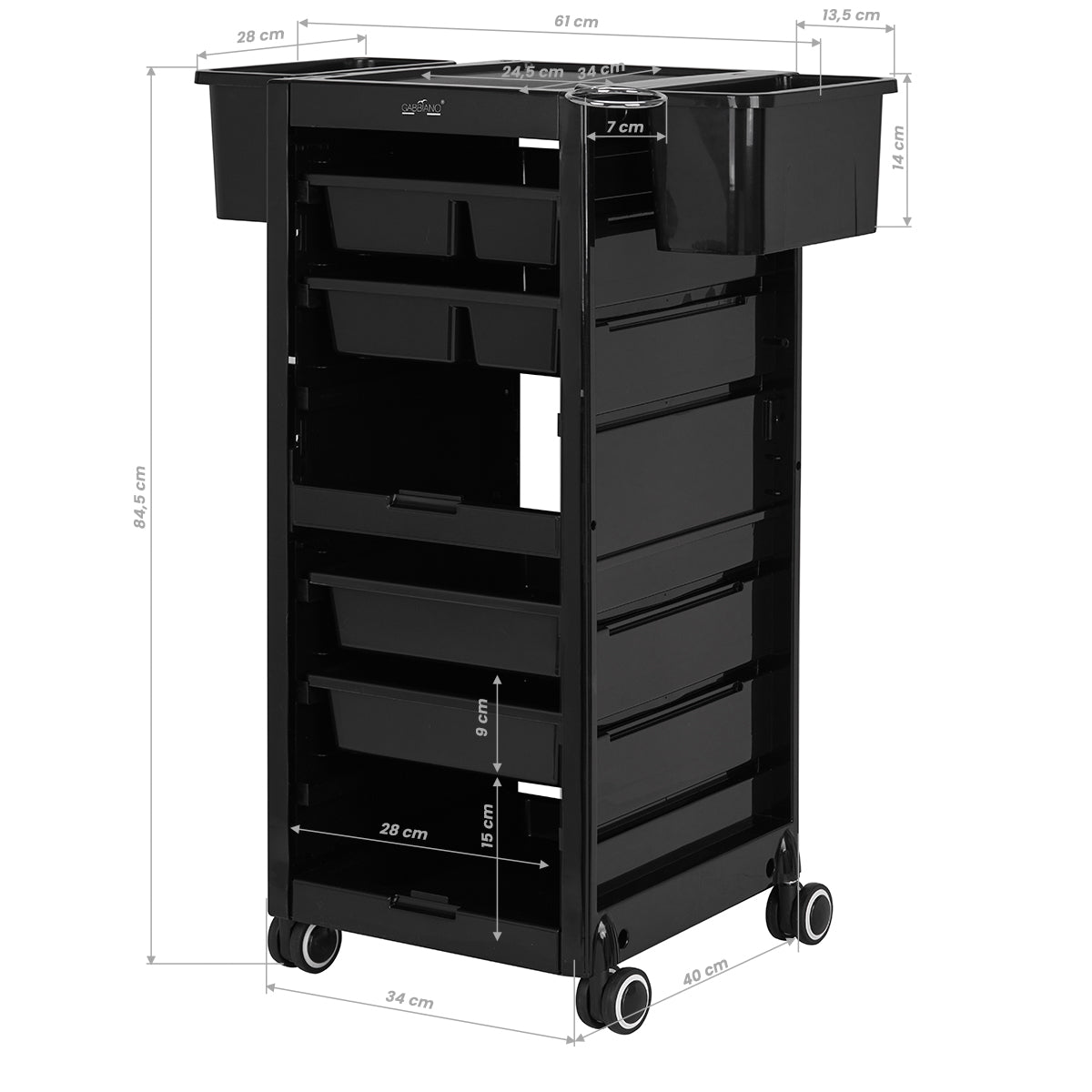 Gabbiano Hairdresser's Trolley 68A Black - front view showing the storage and construction details