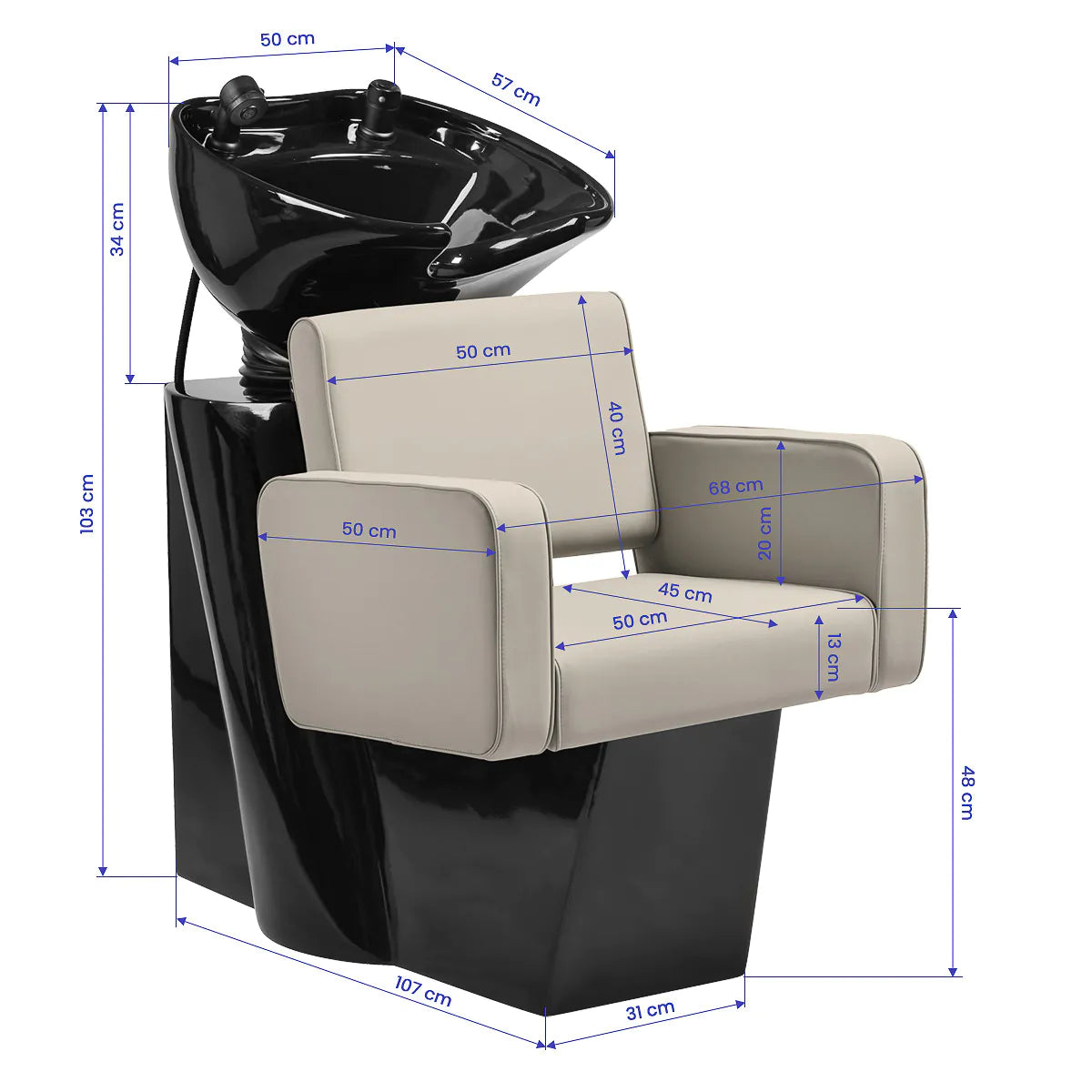 Gabbiano Hairdressing Backwash Unit Bilbao Grey Beige - dimensions and measurements shown