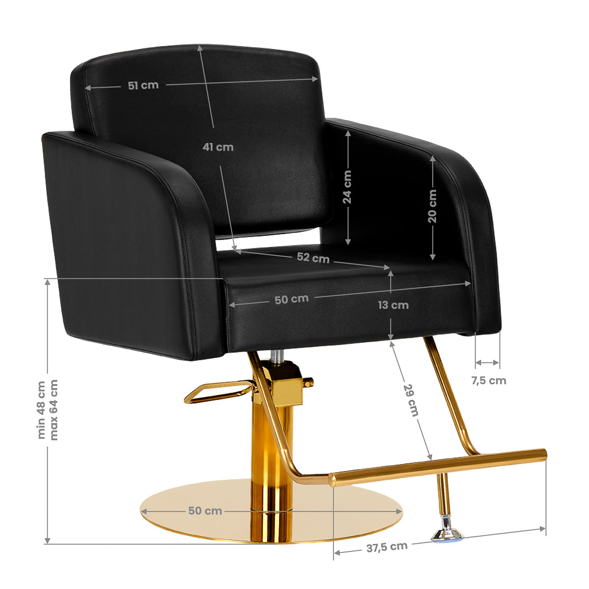 Gabbiano Hairdressing Chair Turyn Black Gold - side view on a white background