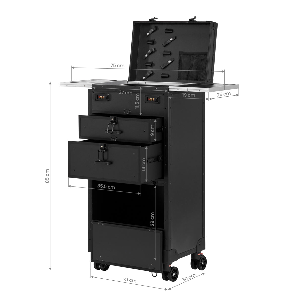 Gabbiano Mobile Hairdresser Trolley V21 Black - front view showing the storage and construction details